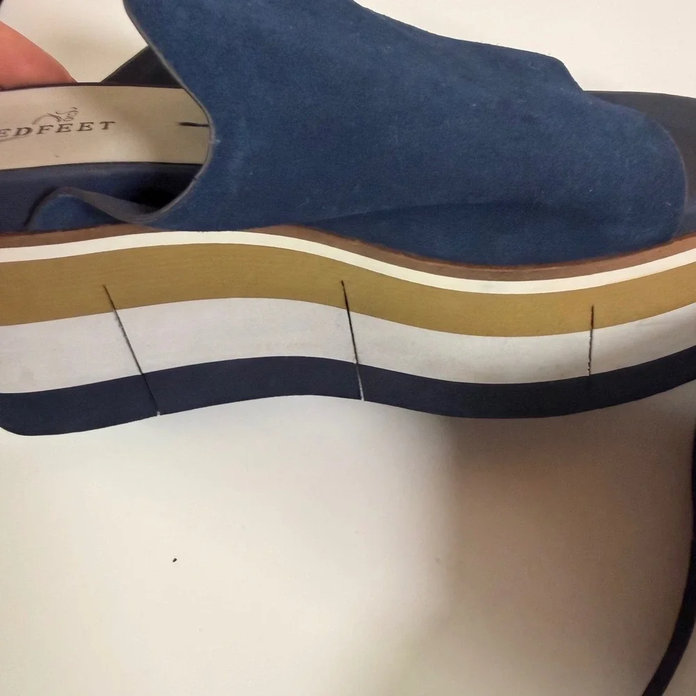 Naked Feet Flow Platform Slide Women 7.5M Navy Blue Excellent Suede Striped Sole